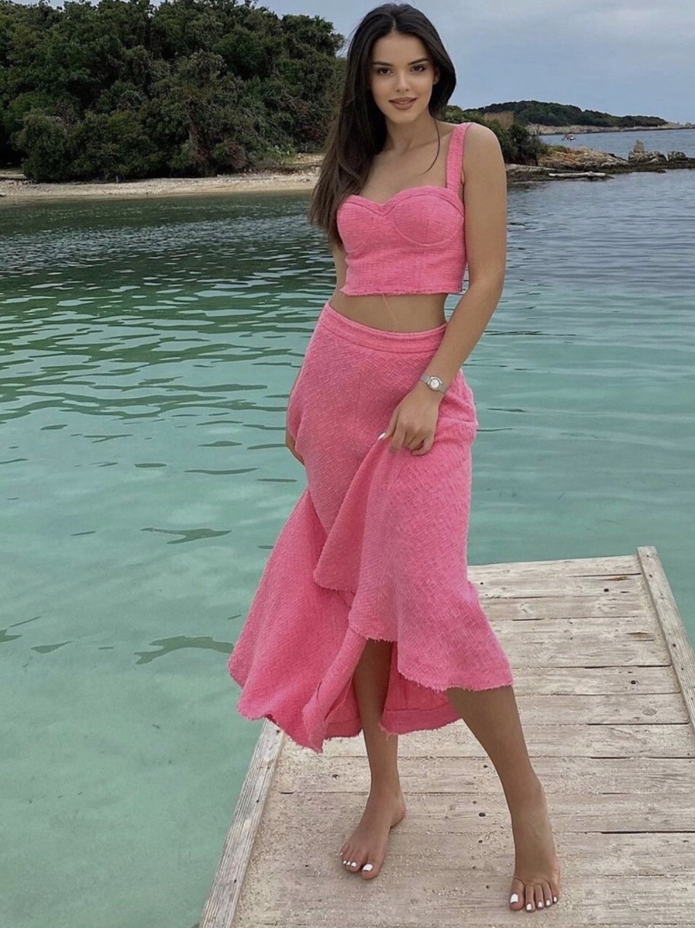 Zara Coral Pink Textured Strap Skirt and Crop Top Set
